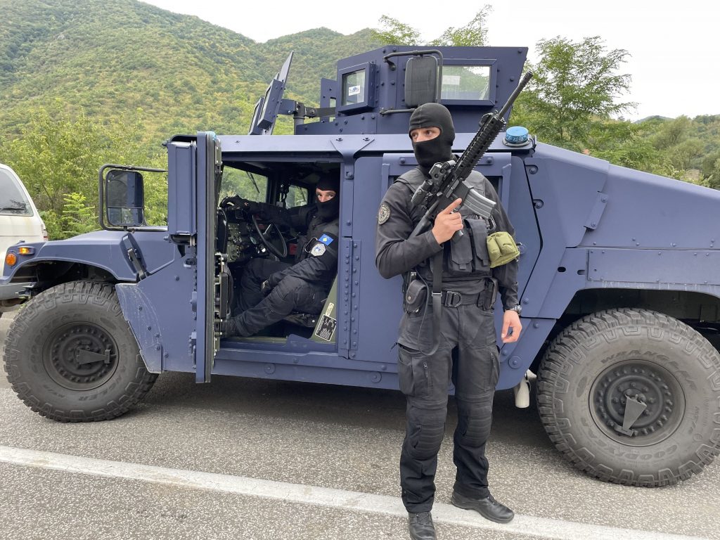 Protest in Kosovo JARINJE, KOSOVO - SEPTEMBER 22: A view from the road to the Jarinje and Bernjak border crossings on the Serbian border in the north of Kosovo as roads guarded by special units of the Kosovo police during protests, in Jarinje, Kosovo on September 22, 2021. Protests continue in the north of the country, after Kosovo did not allow vehicles with Serbian license plates to pass and vehicles were given temporary Kosovo licence plates. Eren Beksac / Anadolu Agency/ABACAPRESS.COM